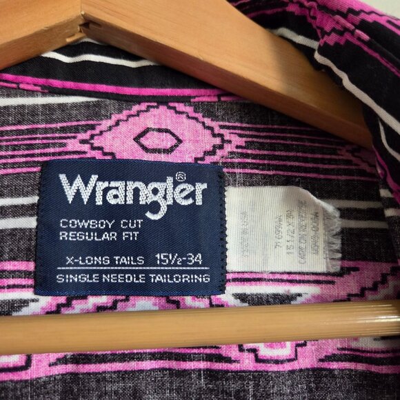 Wrangler Vintage 90's Men's Western Shirt Pink/Blk Southwestern Aztec Cowboy Cut - Picture 2 of 10